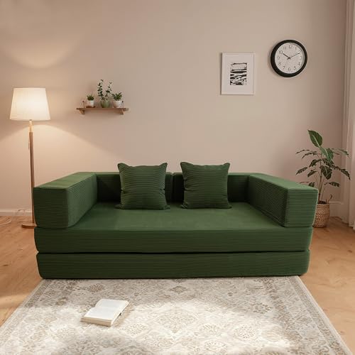 5-in-1 Futon Sofa Bed Queen Floor Convertible Couch Foldable Lounge Green | Multi-Position Convertible Lounge Couch for Guest Room & Apartment, Removable Washable Cover, Space Saving - color: Green