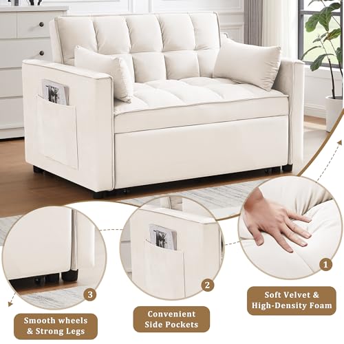 55" Pull Out Sleeper Sofa, Velvet Loveseat with Side Pockets, White | Velvet upholstery, 5-level adjustable back, Pull-out bed design, Sturdy frame with side pockets - color: White