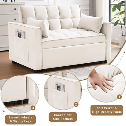 55" Pull Out Sleeper Sofa, Velvet Loveseat with Side Pockets, White | Velvet upholstery, 5-level adjustable back, Pull-out bed design, Sturdy frame with side pockets - color: White