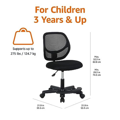 Amazon Basics Kids Adjustable Height Mesh Low-Back Swivel Desk Chair with Footrest, Rolling Chair with Casters for Smooth Mobility, Black - color: Black