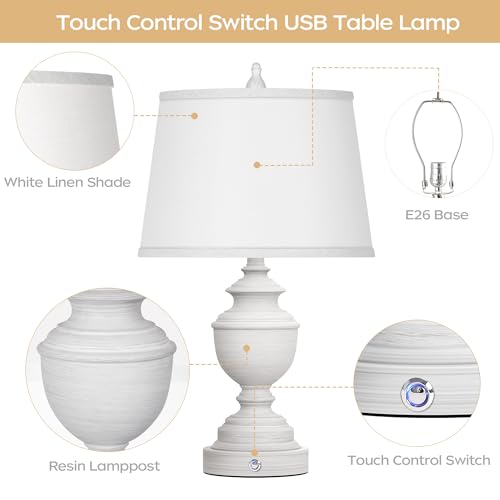 Table Lamps Set of 2, Modern Farmhouse Nightstand Lamp with USB Ports, 3-Way Dimmable Touch Control Washed White Bedside Lamps with Off-White Linen Shade for Bedroom Living Room, Bulbs Included | Smart touch, Easy Assembly, Energy-saving LED bulbs, Vintag