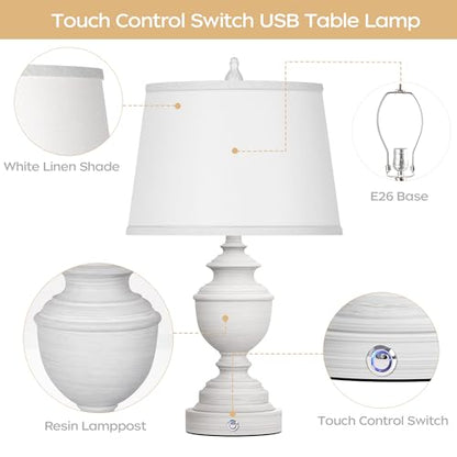 Table Lamps Set of 2, Modern Farmhouse Nightstand Lamp with USB Ports, 3-Way Dimmable Touch Control Washed White Bedside Lamps with Off-White Linen Shade for Bedroom Living Room, Bulbs Included | Smart touch, Easy Assembly, Energy-saving LED bulbs, Vintag