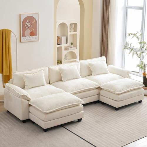 120" Modular Sectional Sofa, Comfy Deep Cloud Couch with Ottoman | U-Shaped Couches for Living Room, Modular Couch, Deep and Wide Seat, Chenille Sofa Sleeper with Throw Pillows, Beige White - color: Beige White, size: 120 Inch U