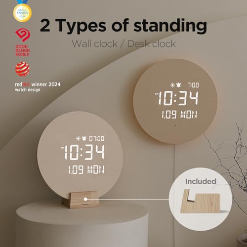 mooas Full Moon LED Silent Wooden Digital Wall Clock with Remote Control, Backlight Nightlight Digital Wood Wall Clock, Sunrise Alarm Melody, 5 Level Brightness Modern Decorative Office Livingroom - color: Full Moon