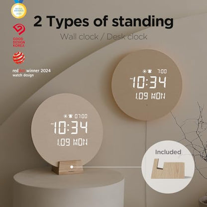 mooas Full Moon LED Silent Wooden Digital Wall Clock with Remote Control, Backlight Nightlight Digital Wood Wall Clock, Sunrise Alarm Melody, 5 Level Brightness Modern Decorative Office Livingroom - color: Full Moon
