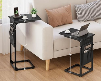 C Shaped End Table with Charging Station, Adjustable Height Side Table for Sofa, Couch Side Table for Small Spaces, Slide Under Sofa TV Tray Snack Arm Tables for Living Room, Bedroom, Black - color: Black, style: With Plug