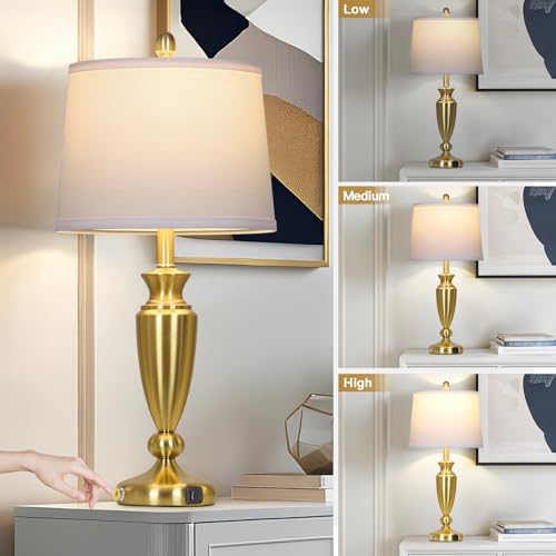 Rinweey 27'' Gold Table Lamps for Living Room with White Lampshade, 3 Way Touch Control Bedside Lamps Set of 2 with USB A+C Ports, Modern Metal Nightstand Lamp for Bedroom Office End Table - color: Gold-27"H