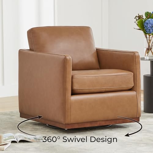 CHITA Genuine Leather Swivel Chair, Wood Frame, Fully Assembled, Saddle | Leather Arm Chair with 360° Swivel Solid Wood Base, Mid Century Modern Living Room Chair, 33"Dx30"Wx33"H, 300 Lb Capacity - color: Saddle