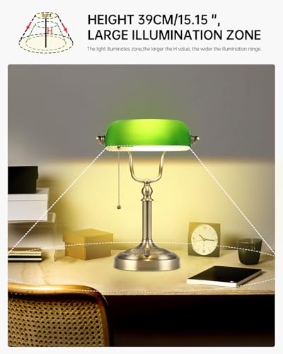 Green Stepless Dimmable Glass Bankers Desk Lamp | Table Lamp Plug in Fixture for Study, Office, LED Bulb Included - color: Green-Dimmable