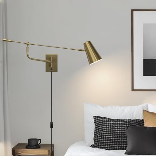 Adjustable Direction Swing Arm Wall Lamp, Gold, 33 Inch | Rotatable Activity, Dual Power Modes Plug-in/Hardwired, Indoor Large Wall Mounted, For Bedroom Living Room Dining Room - color: Dold