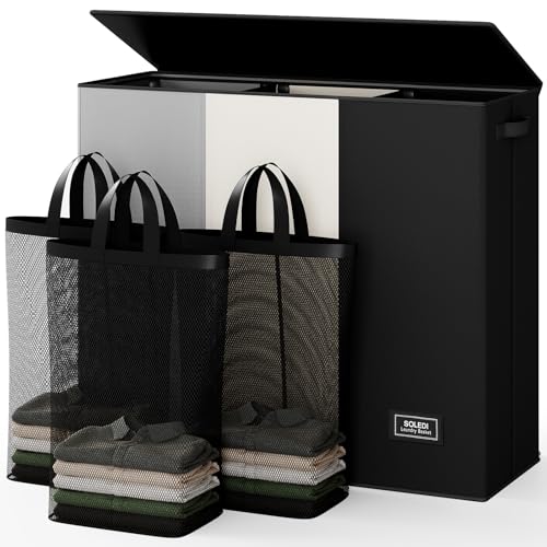 SOLEDI Laundry Hamper 3 section with lid and 3 Pcs Bag, Large Hamper 3 compartment 180L, Laundry Basket Laundry sorter Clothes hamper for Laundryroom Bedroom Blanket Storage Organizer - color: Black/White/Grey, size: 180L