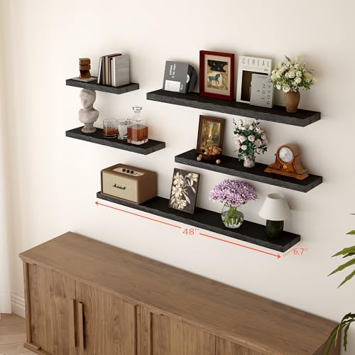 BGMG Wood Floating Shelves 48 Inch, Set of 2, Wide Rustic Wooden Wall Shelves for Bathroom Living Room Bedroom Kitchen Farmhouse - 48x 6.7 x1.25 Inch - Black - color: Black, size: 48 inch