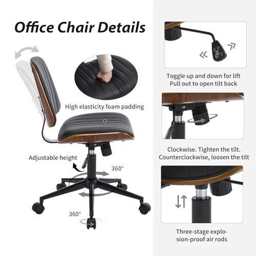 VipDesk Small Home Office Chair - Armless Mid Back Desk Chair with 360° Swivel and Wheels, PU Upholstered Height Adjustable Modern Walnut Computer Chair for Home, Office Meeting Room - White - color: Black, size: Classic