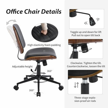 VipDesk Small Home Office Chair - Armless Mid Back Desk Chair with 360° Swivel and Wheels, PU Upholstered Height Adjustable Modern Walnut Computer Chair for Home, Office Meeting Room - White - color: Black, size: Classic