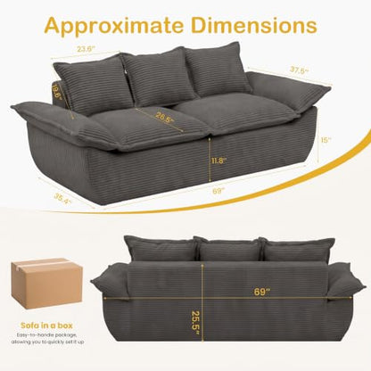 69" Boneless Couch, 3-Seater Oversized Boneless Loveseat Sofa with Removable Cushions & 3 Pillows, Deep Seat Compress Foam Sofa for Living Room, Apartments, & Office - color: Grey, size: 3 Seater (69")