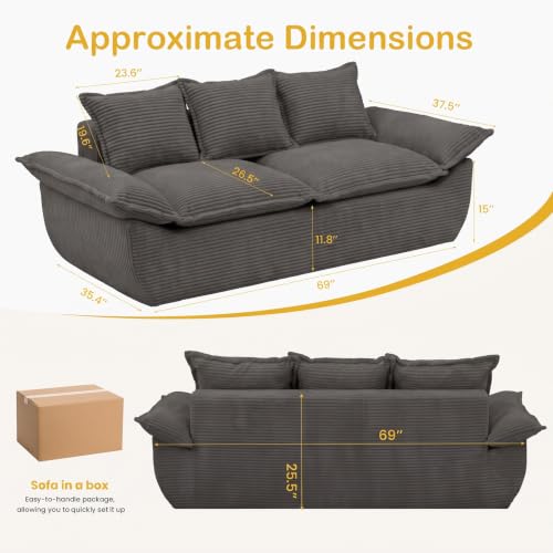 69" Boneless Couch, 3-Seater Oversized Boneless Loveseat Sofa with Removable Cushions & 3 Pillows, Deep Seat Compress Foam Sofa for Living Room, Apartments, & Office - color: Grey, size: 3 Seater (69")
