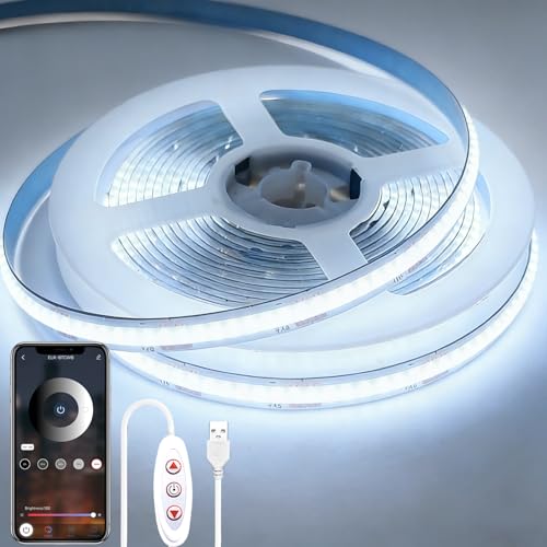 COB LED Strip Lights 10FT，5V USB Powered LED Rope Lights | with App Control，6000K Dimmable Cold White LED TV Backlights,8mm Width Flexible LED Tape Lights for Bedroom，Cabinet,Kitchen - color: White, size: 10ft