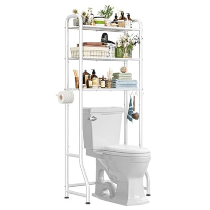 Simple Trending Over The Toilet Storage Rack, Metal 3 Tier Bathroom Organizer Shelf with Paper Holder and 3 Hooks, Freestanding Shelf Space Saver Above Toilet, White - color: 3-tier White