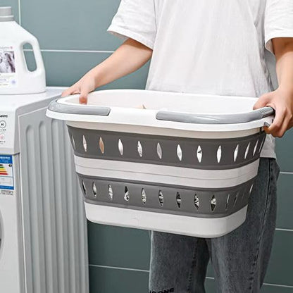 AMSHI Collapsible Laundry Basket 42L – Foldable Pop-Up Hamper with Handles, Space-Saving Design for Bedroom, Bathroom, Dorm Room & Small Apartments, Grey/White
