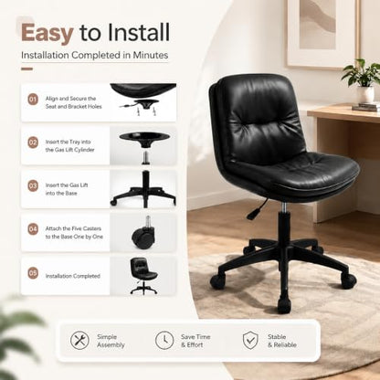 Adjustable Height Vanity Chair with Backrest, Armless PU Leather Desk Chair with Wheels & Lumbar Support, 360° Swivel Ergonomic Computer Office Chair for Home Office Makeup Desk, Black - color: Black