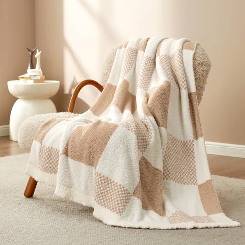 Snuggle Sac Checkered Blanket, Beige Throw Blanket for Couch Plaid Microfiber Fluffy Warm Cozy Fuzzy Soft Throw Blanket Reversible Checkered Blankets for Sofa, Chair, Bed, 50x60 inches - color: Checker Beige, size: Throw(50"x60")
