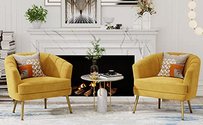 Velvet Accent Chair, Barrel Armchair, Yellow | Velvet Upholstery, Golden Metal Legs, Comfy Barrel Back, Modern Style, Living Room Bedroom Office - color: Yellow, size: 1 Chair