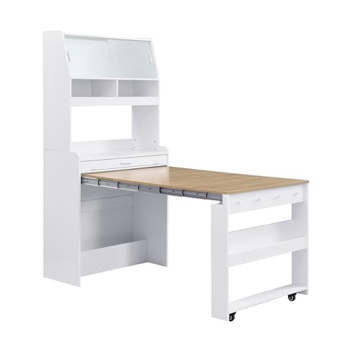 RuiSiSi Space Saving Folding Dining Table for 2-4, Farmhouse Buffet with Hutch and Storage Shelves, Multifunctional Cupboard with Side Hooks for Small Space, Studio, Apartment, Natural+White - color: Natural+white