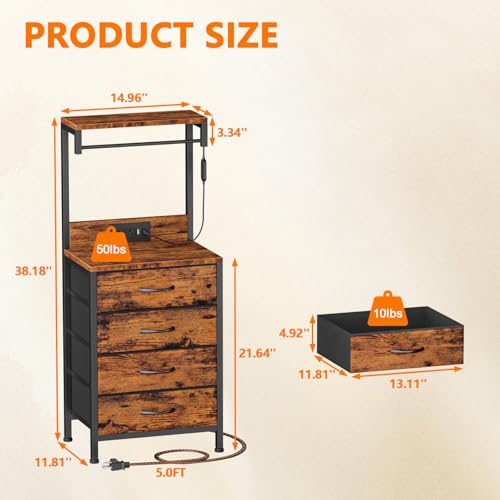 Night Stand with Charger Station, 4 Fabric Drawers and LED Lights | 38'' Tall Bedside Table with Storage Shelf for Bedroom, Office, Metal Frame, Wood Shelves, Rustic Brown Nightstand - color: Rustic Brown