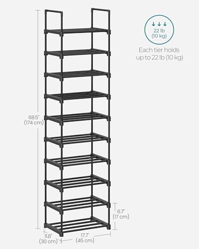 SONGMICS 신발장, 10단 신발 정리함, 금속 보관 선반, 수직 또는 거꾸로, 11-22쌍, 입구용, 29.5 x 44.9 x 17.5cm(11.8 x 17.7 x 68.5인치), 블랙 ULSA25BK - color: 블랙., size: 10 Tiers (17.7"W)