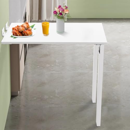 Folding Dining Table, Wall Mounted Folding Table with Support Legs, 29.52 x 15.75 x 29.13 Inch Sturdy Kitchen Desk, Wooden Desk for Small Space Bedroom Living Room Study Room Lounge Office (White)