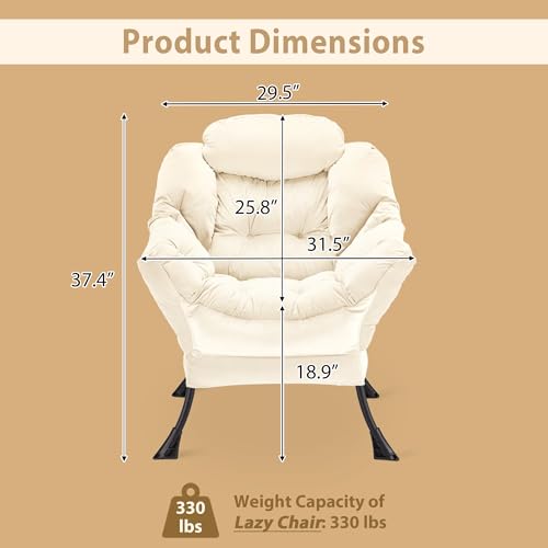 Youtanic Lazy Chair Thick Padded, Comfy Velvet Accent Lounge Chair with Stable Frame, Leisure Sofa Armchair with Armrests and Side Pocket, Reading Chair for Bedroom, Living Room, Office, Beige - color: Beige Without Stool