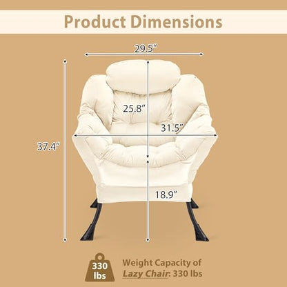 Youtanic Lazy Chair Thick Padded, Comfy Velvet Accent Lounge Chair with Stable Frame, Leisure Sofa Armchair with Armrests and Side Pocket, Reading Chair for Bedroom, Living Room, Office, Beige - color: Beige Without Stool