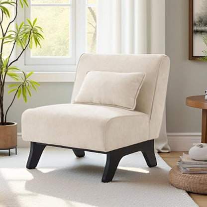 Armless Accent Chair Comfy Upholstered Modern Living Room Side Chair | Comfy Small Accent Lounge Chair with Pillow & Wooden Legs Accent Chair for Living Room Bedroom Farmhouse Reading Beige - color: Beige
