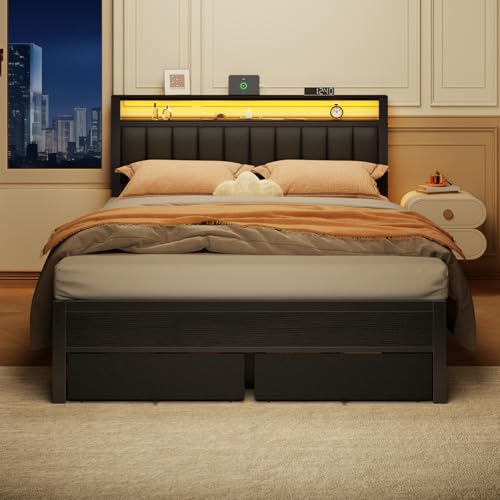 Queen Bed Frame with Storage Drawers and Upholstered Headboard | Metal Platform Bed with Charging Station, LED Lights, 2 Tier Shelves, Fabric Drawers. No Box Spring Needed, Noise Free, Grey - size: Queen
