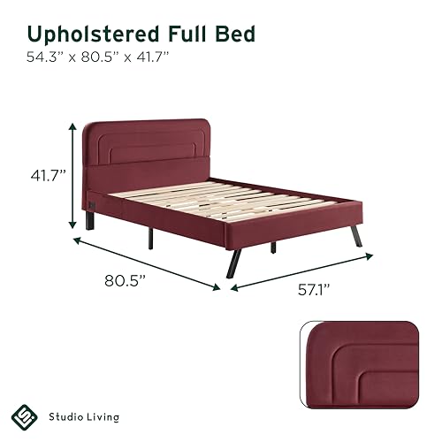 Studio Living® Adaline Upholstered Full Size Bed – Built-in USB-A & USB-C Charging Ports, Dual Power Strip, Fabric Storage Sleeves, Velvet Upholstery, Easy Assembly - color: Burgundy, size: Full