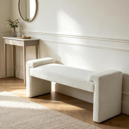 Upholstered Entryway Bench, 43" Modern Bedroom Bench, White | Sherpa Fleece, Curved Armrests, Solid Wood Frame, End of Bed, Bedroom, Living Room, Hallway - color: White-sherpa, size: 43"