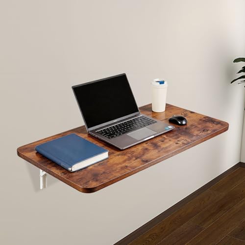 Neoaider Wall Mounted Folding Table 31.5”L x 15.7”W, Brown | Laundry Folding Table with Heavy Duty Metal Collapsible Shelf Brackets, Wall Mounted Desk Fold Down for Small Spaces - color: Brown, size: 31.5" x 15.7"