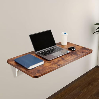 Neoaider Wall Mounted Folding Table 31.5”L x 15.7”W, Brown | Laundry Folding Table with Heavy Duty Metal Collapsible Shelf Brackets, Wall Mounted Desk Fold Down for Small Spaces - color: Brown, size: 31.5" x 15.7"