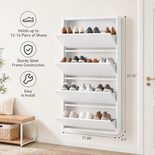 Slim Metal Shoe Cabinet with 4 Flip Drawers | Shoe Storage Cabinet, Narrow Shoe Organizer for Entryway, Hallway & Small Spaces - size: 4 Flip Drawers