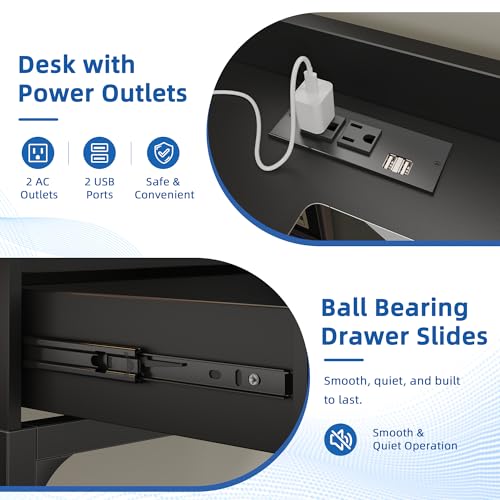 Small Desk with 2 Drawers & Charging Station, 39.4", Black | 2 AC & 2 USB Ports, Ball Bearing Drawer Slides, Compact Design for Bedrooms & Small Spaces
