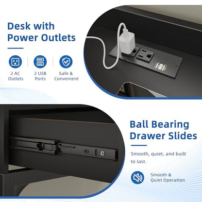 Small Desk with 2 Drawers & Charging Station, 39.4", Black | 2 AC & 2 USB Ports, Ball Bearing Drawer Slides, Compact Design for Bedrooms & Small Spaces