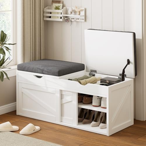 iPormis Shoe Storage Bench,40" Wide 2-Tier Shoe Bench with Padded Seat Cushion and Lift Top Storage,Entryway Bench with Adjustable Shelf,Wooden End of Bed Bench,White - color: Cream White