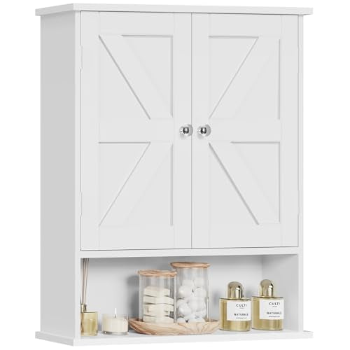 Bathroom Wall Cabinet, Over The Toilet Space Saver Storage with Barn Doors & Adjustable Shelf, Hanging Medicine Cabinet, White 7.1" D x 15.4" W x 19.3" H - color: White, size: 7.1"D x 15.4"W x 19.3"H