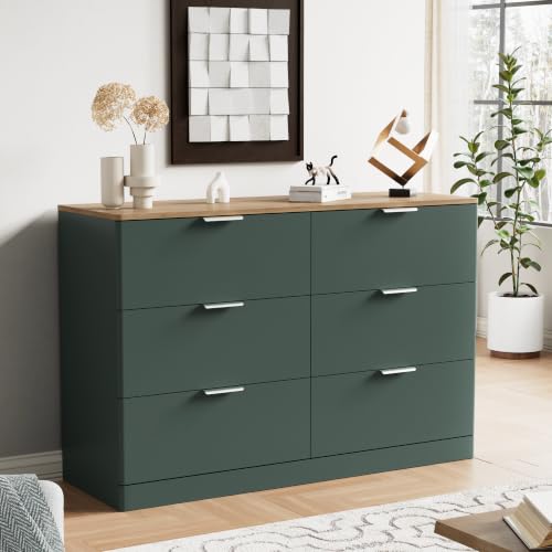 6 Drawer Dresser for Bedroom, 47.2" Wide Modern Chest of Drawers with 6 Large Storage Space with Curved Edge Design, Large Dresser w/Metal Handles for Bedroom,Green & Brown - color: Green & Brown, size: 15.7"D x 47.2"W x 31.5"H (6 Drawers)