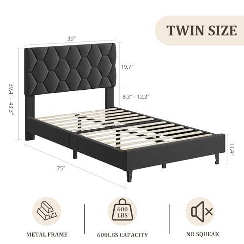 GAOMON Grey Twin Bed Frame with Upholstered Headboard, Heavy-Duty Platform Bed Frame with Strong Wood Slats, No Box Spring Needed/Noise Free/Easy Assembly - color: Grey, size: Twin