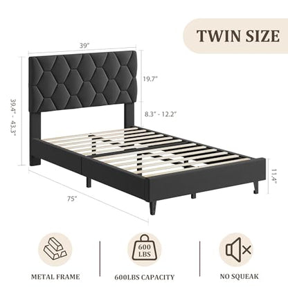 GAOMON Grey Twin Bed Frame with Upholstered Headboard, Heavy-Duty Platform Bed Frame with Strong Wood Slats, No Box Spring Needed/Noise Free/Easy Assembly - color: Grey, size: Twin
