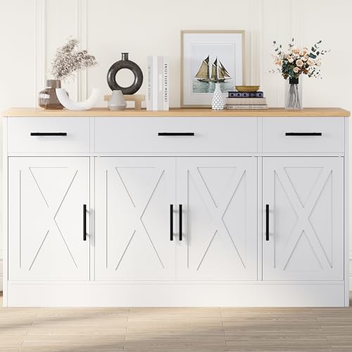 Shintenchi Buffet Cabinet with Storage,53.4" Large Kitchen Storage Cabinet with 3 Drawers and 4 Doors,Wood Farmhouse Buffet Sideboard with Adjustable Shelf for Kitchen Living Room, White - color: Farmhouse Style White