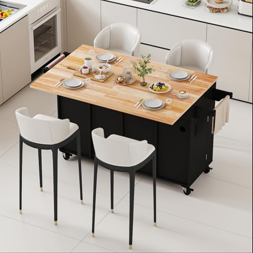 59 Kitchen Island Cart with Drop Leaf Breakfast Bar, Rolling Mobile Kitchen Island Table on Wheels with Storage Cabinet, Drawer, Spice/Towel Rack, Black - size: 59 Inch