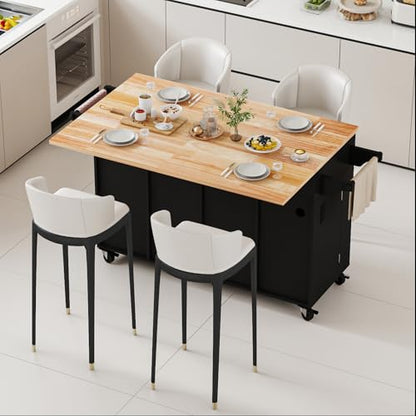 59 Kitchen Island Cart with Drop Leaf Breakfast Bar, Rolling Mobile Kitchen Island Table on Wheels with Storage Cabinet, Drawer, Spice/Towel Rack, Black - size: 59 Inch