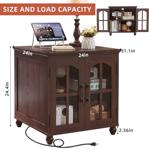 RWYHG Farmhouse 24" End Table with Charger, Glass Barn Door, Walnut | USB Ports, Solid Wood Legs, Adjustable Storage Shelf, Square Bedside Table for Living Room,Bedroom - color: Retro Walnut, size: Set 1